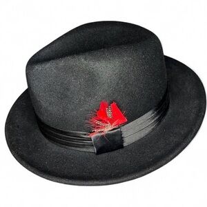 Classic Black Fedora with Red Feather Accent St. Patrick Excellent Condition